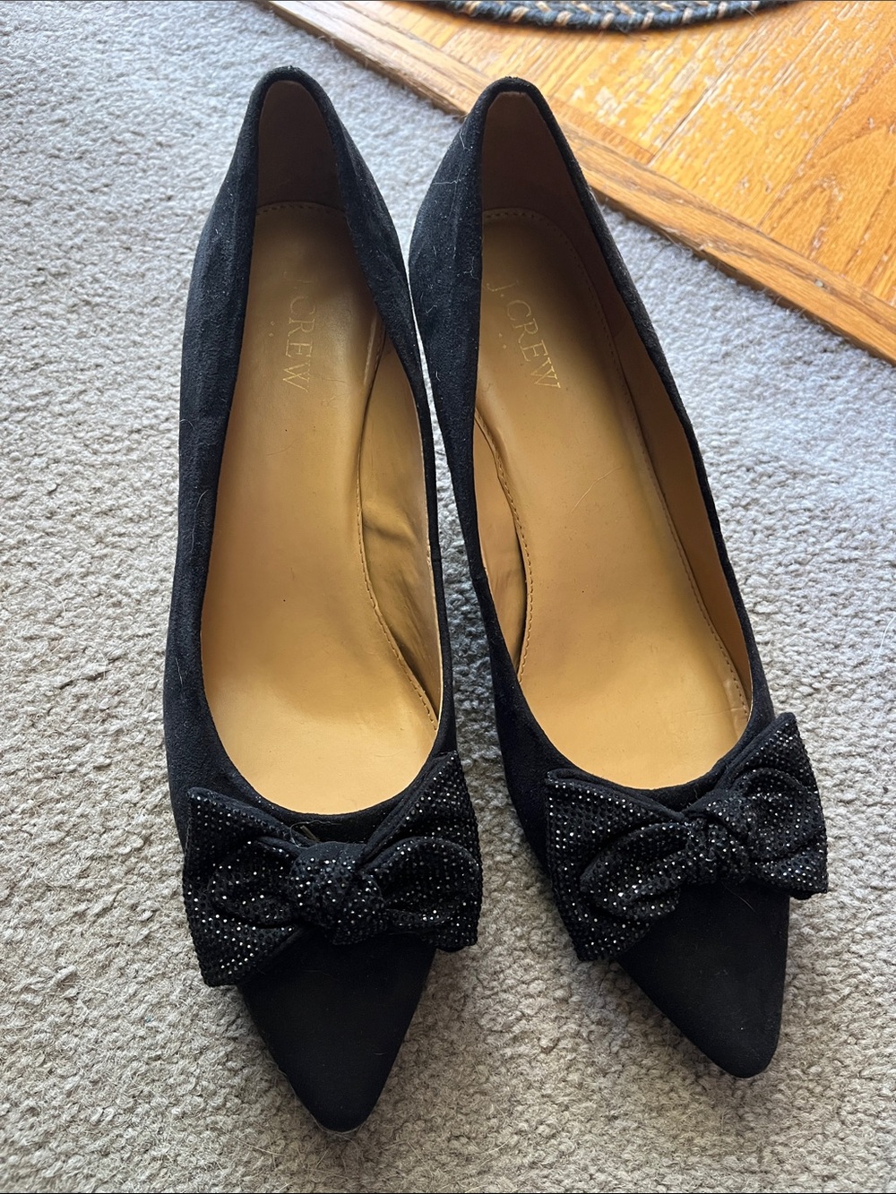 J. Crew Black Suede Pointed Toe  pumps with Embellished Bow
